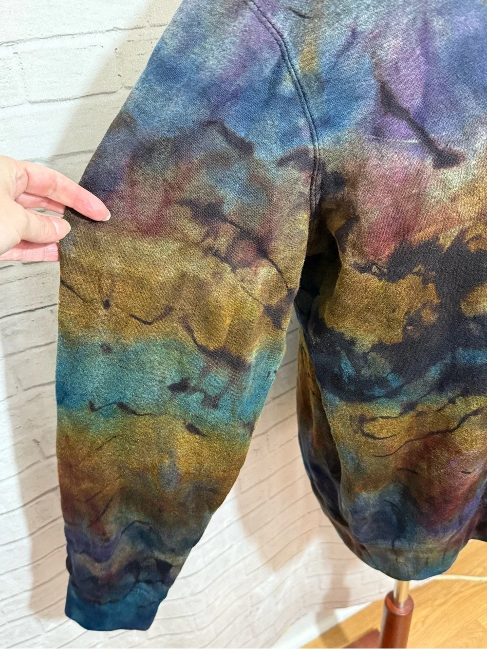 Upcycled Ice Dye Men’s Fleece Pullover, Chaps Brand, Reverse Tie Dye, Large Blue